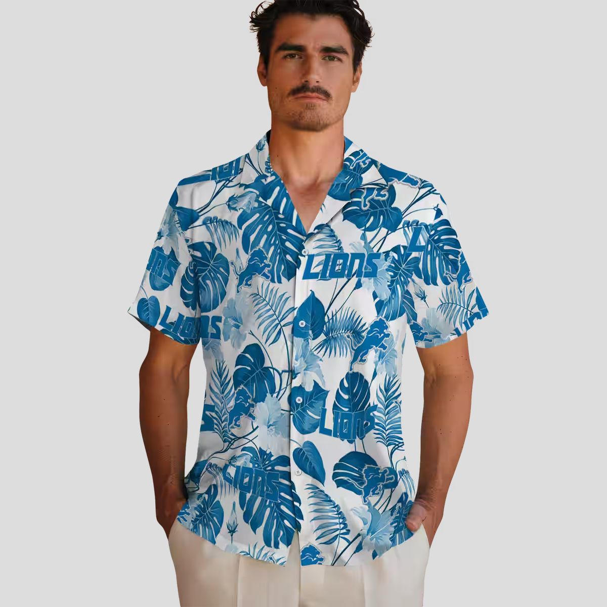 Men's Detroit Lions Hawaiian Shirt, Blue White Tropical Plants Aloha Outfit