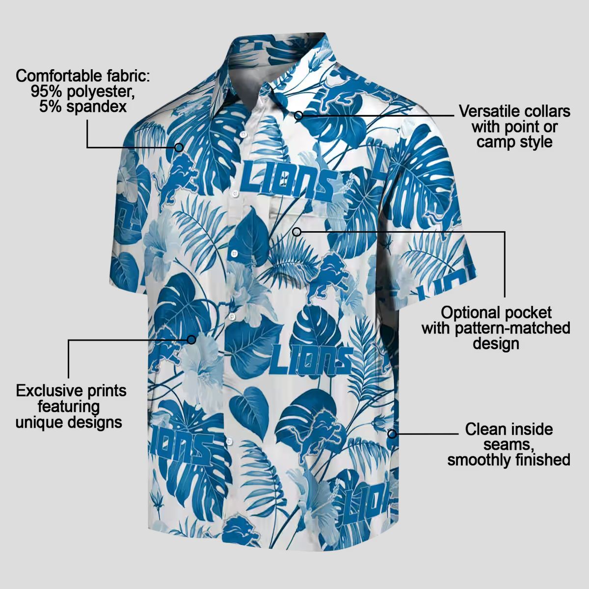 Men's Detroit Lions Hawaiian Shirt, Blue White Tropical Plants Aloha Outfit