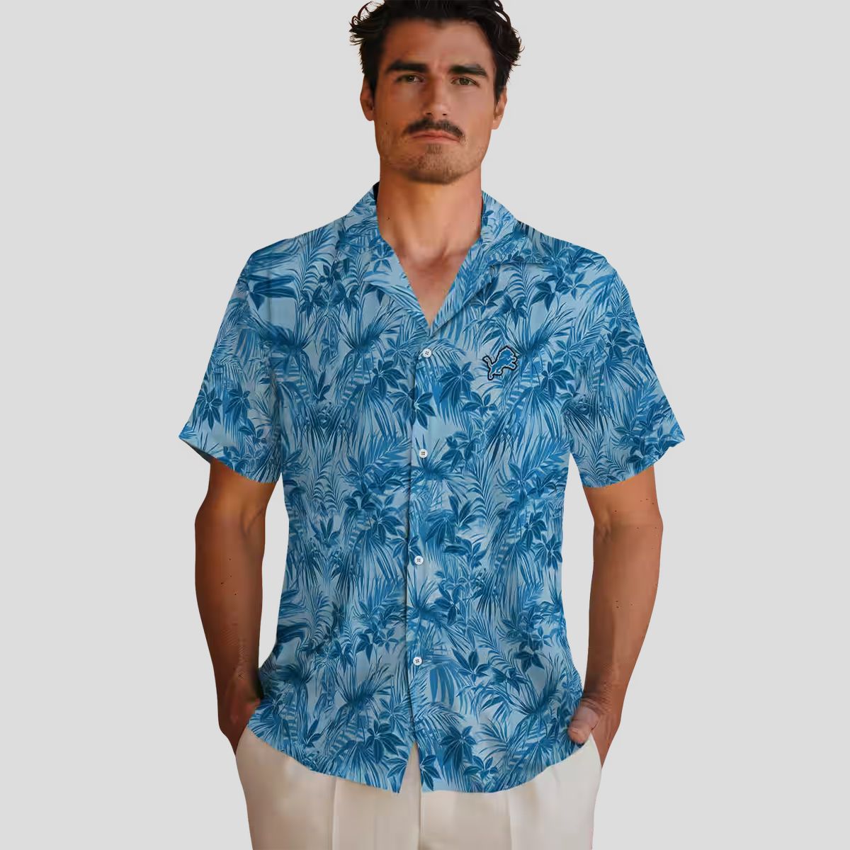 NFL Detroit Lions Blue Hawaiian Shirt – Leaf Print Tropical Beachwear