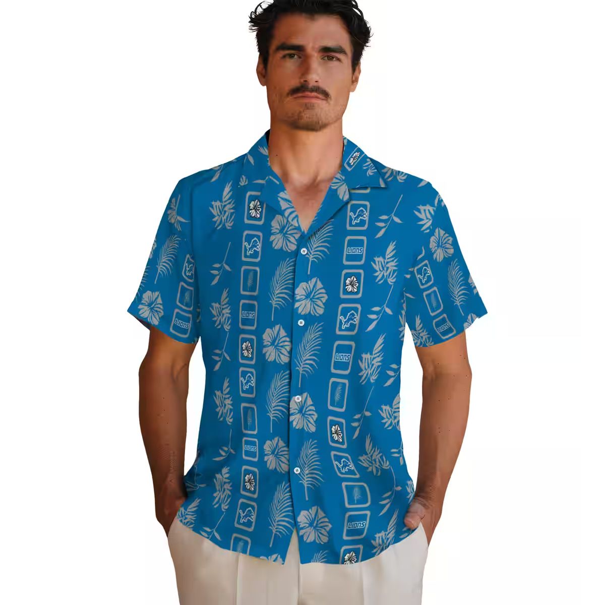 NFL Team Detroit Lions Hawaiian Shirt, Framed Floral Blue Aloha Fan Apparel