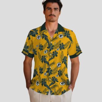 Custom Green Bay Packers Tropical Hawaiian Shirt, Botanical Gold Print Beach Shirt
