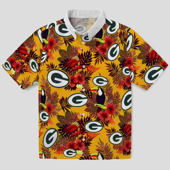 Floral Green Bay Packers Hawaiian Shirt - Tropical Toucan Design with Red & Green
