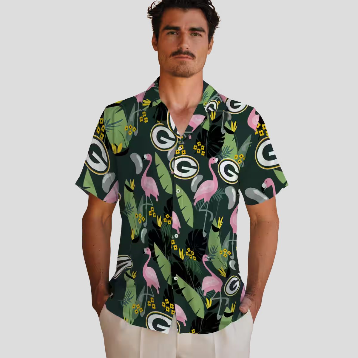 Green Bay Packers Aloha Hawaiian Shirt, Flamingo Leaves Tropical Shirt for NFL Fans