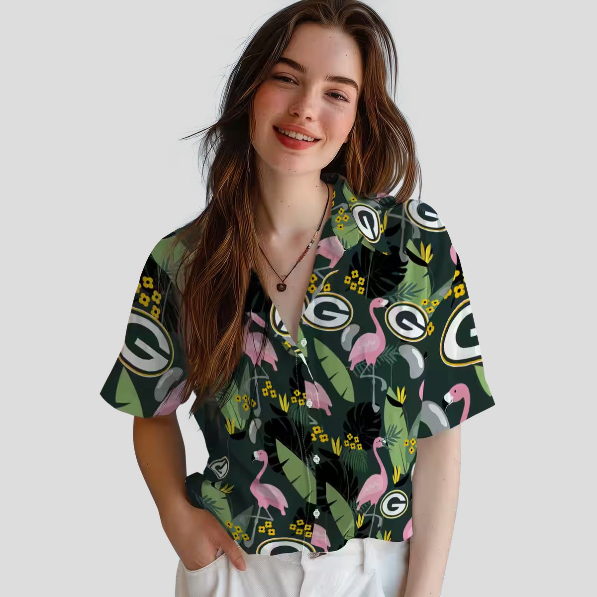 Green Bay Packers Aloha Hawaiian Shirt, Flamingo Leaves Tropical Shirt for NFL Fans