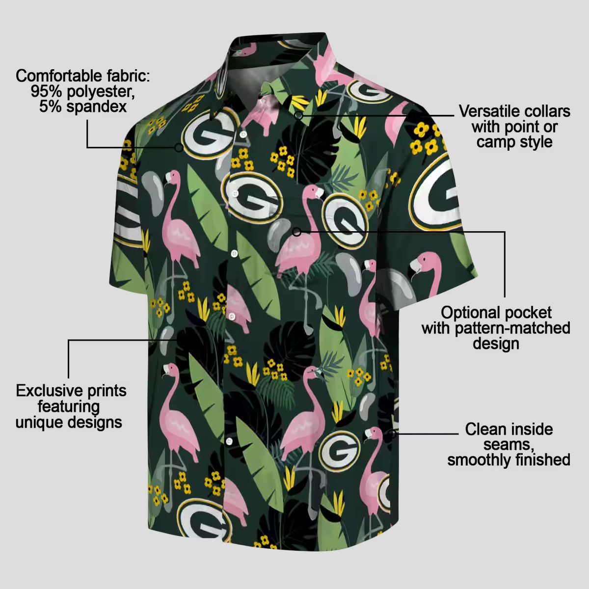 Green Bay Packers Aloha Hawaiian Shirt, Flamingo Leaves Tropical Shirt for NFL Fans