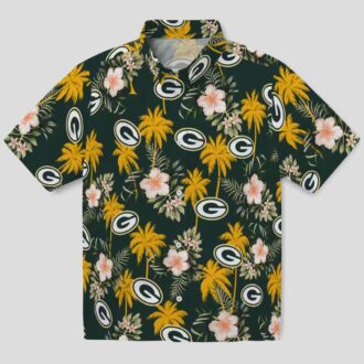 Green Bay Packers Button Up Hawaiian Shirt, Palm Tree Flower Green Aloha Shirt