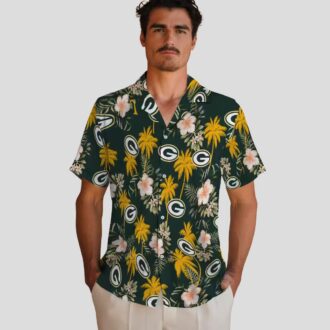 Green Bay Packers Button Up Hawaiian Shirt, Palm Tree Flower Green Aloha Shirt