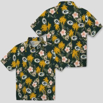 Green Bay Packers Button Up Hawaiian Shirt, Palm Tree Flower Green Aloha Shirt