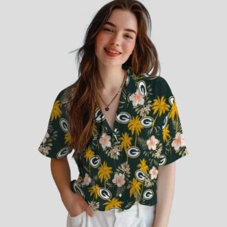 Green Bay Packers Button Up Hawaiian Shirt, Palm Tree Flower Green Aloha Shirt