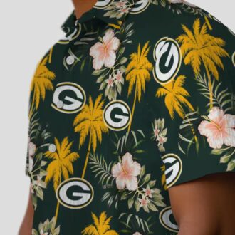 Green Bay Packers Button Up Hawaiian Shirt, Palm Tree Flower Green Aloha Shirt
