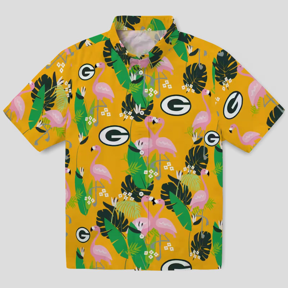 Green Bay Packers Flamingo Hawaiian Shirt, Tropical Foliage Floral Beach Shirt for Summer