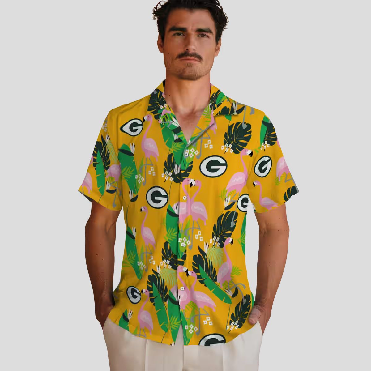 Green Bay Packers Flamingo Hawaiian Shirt, Tropical Foliage Floral Beach Shirt for Summer