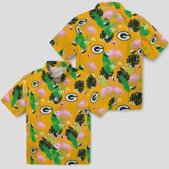 Green Bay Packers Flamingo Hawaiian Shirt, Tropical Foliage Floral Beach Shirt for Summer