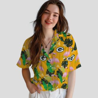 Green Bay Packers Flamingo Hawaiian Shirt, Tropical Foliage Floral Beach Shirt for Summer