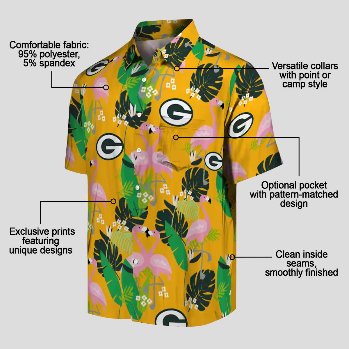 Green Bay Packers Flamingo Hawaiian Shirt, Tropical Foliage Floral Beach Shirt for Summer