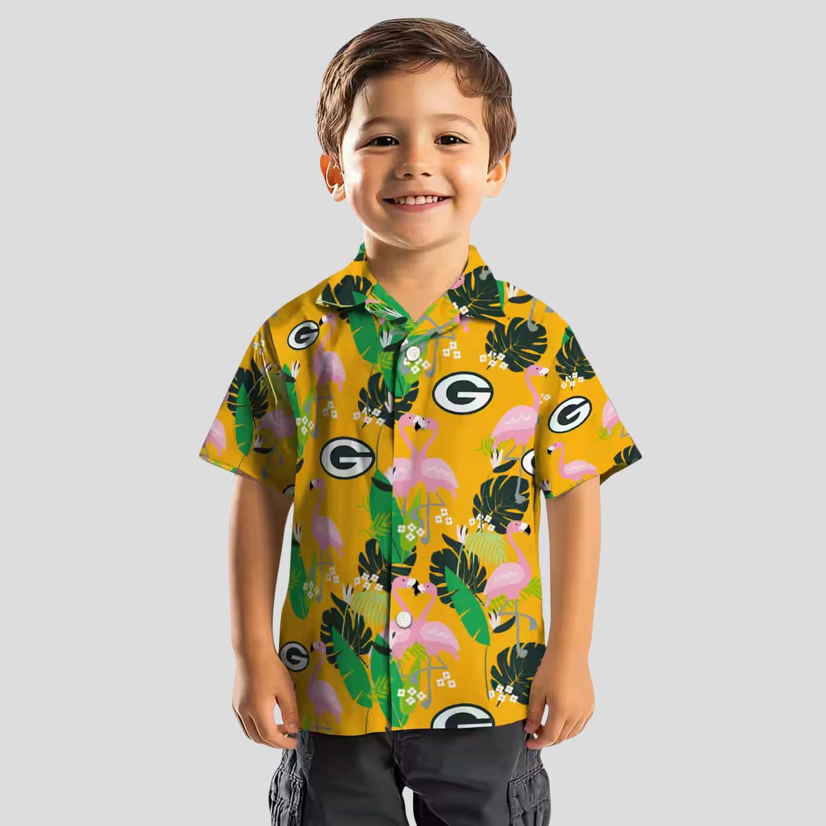 Green Bay Packers Flamingo Hawaiian Shirt, Tropical Foliage Floral Beach Shirt for Summer