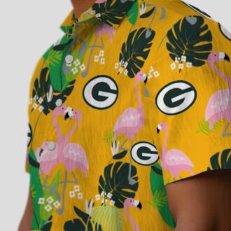 Green Bay Packers Flamingo Hawaiian Shirt, Tropical Foliage Floral Beach Shirt for Summer