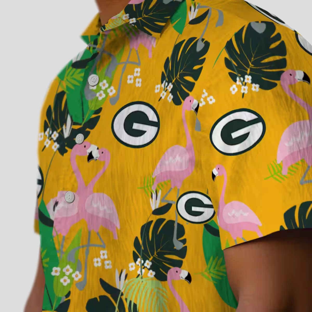 Green Bay Packers Flamingo Hawaiian Shirt, Tropical Foliage Floral Beach Shirt for Summer