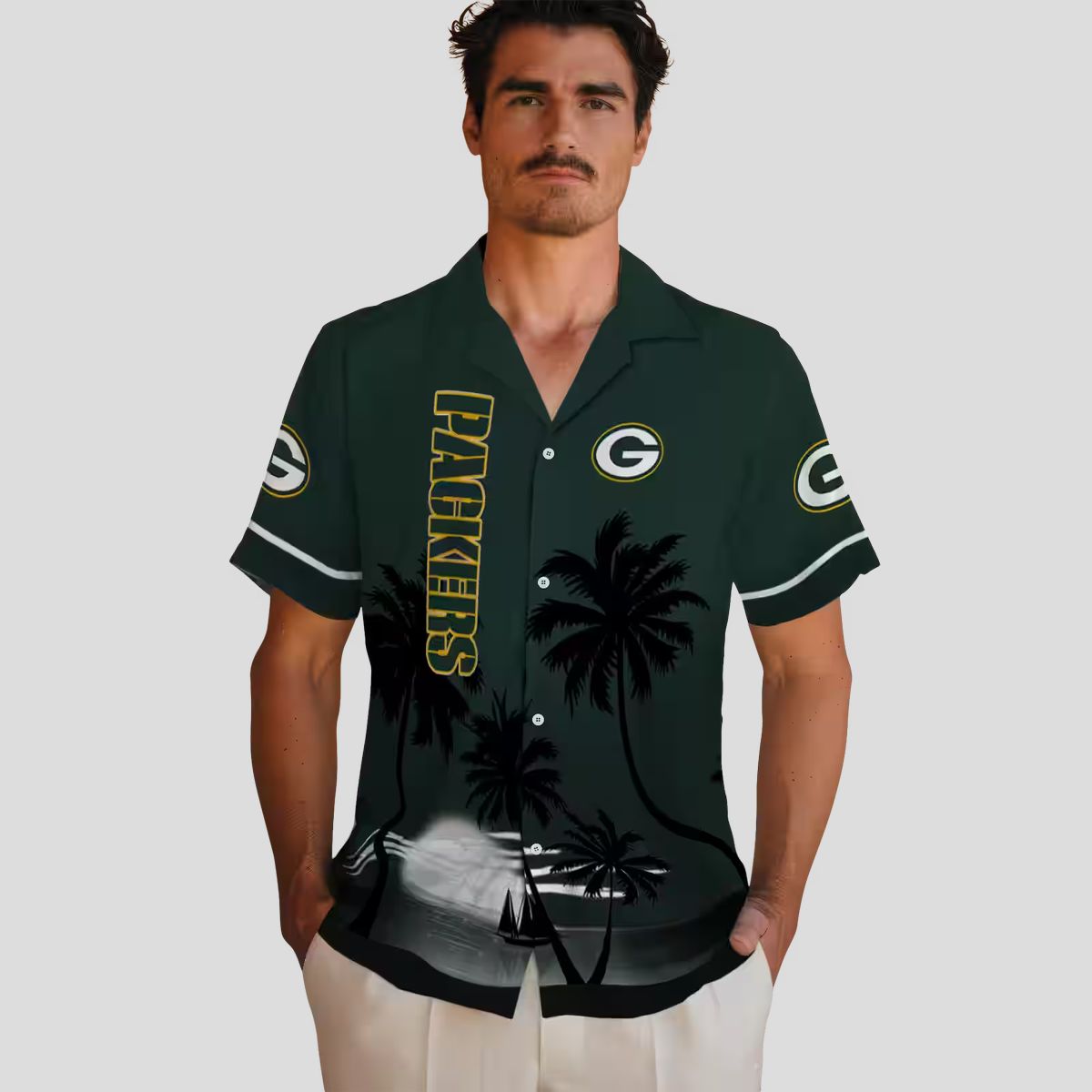 Green Bay Packers Hawaiian Shirt for NFL Fans, Beach Sunset Aloha Shirt in Green & Black