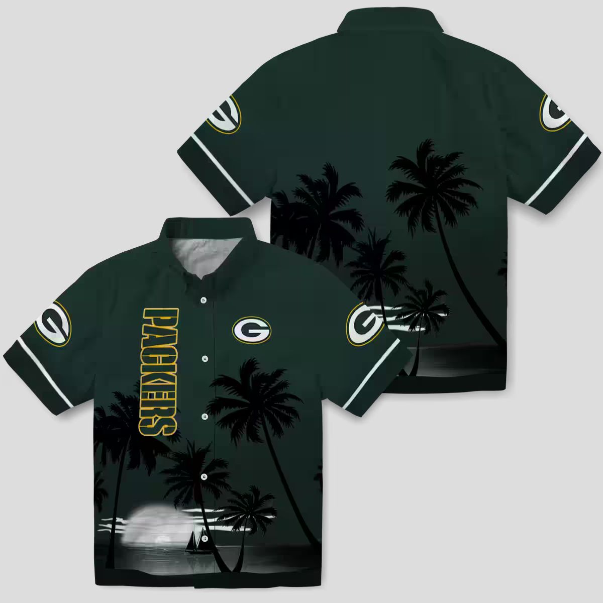 Green Bay Packers Hawaiian Shirt for NFL Fans, Beach Sunset Aloha Shirt in Green & Black