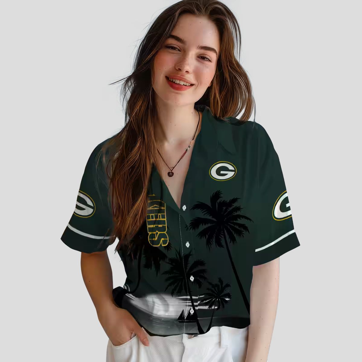 Green Bay Packers Hawaiian Shirt for NFL Fans, Beach Sunset Aloha Shirt in Green & Black