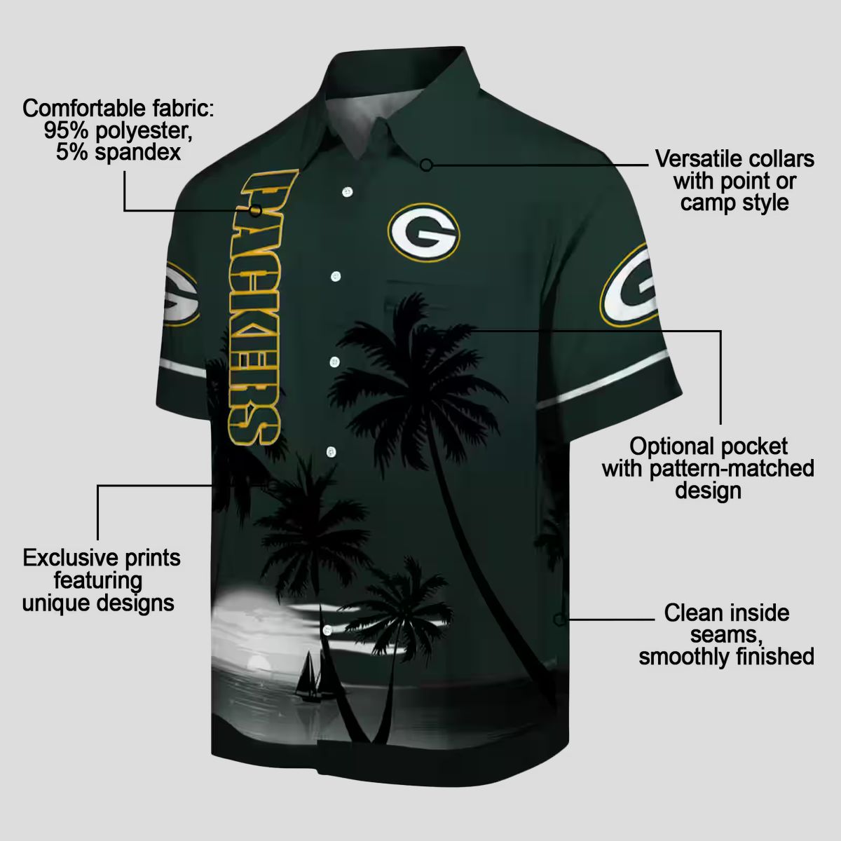 Green Bay Packers Hawaiian Shirt for NFL Fans, Beach Sunset Aloha Shirt in Green & Black