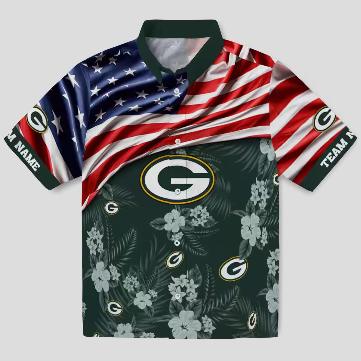 Green Bay Packers Hibiscus US Flag Hawaiian Shirt, Custom NFL Shirt for Vacation