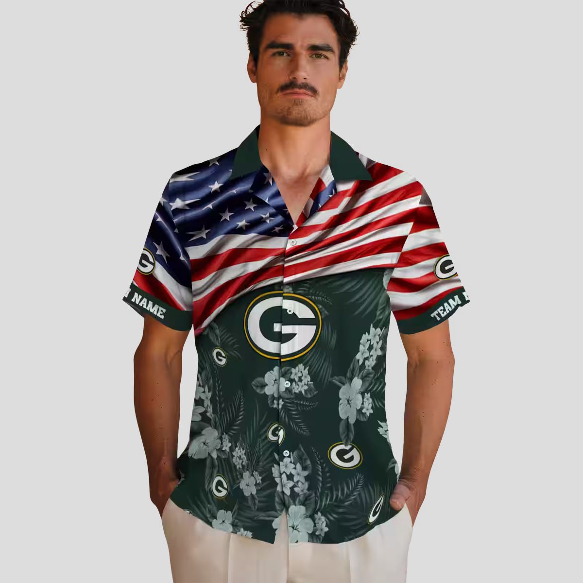 Green Bay Packers Hibiscus US Flag Hawaiian Shirt, Custom NFL Shirt for Vacation