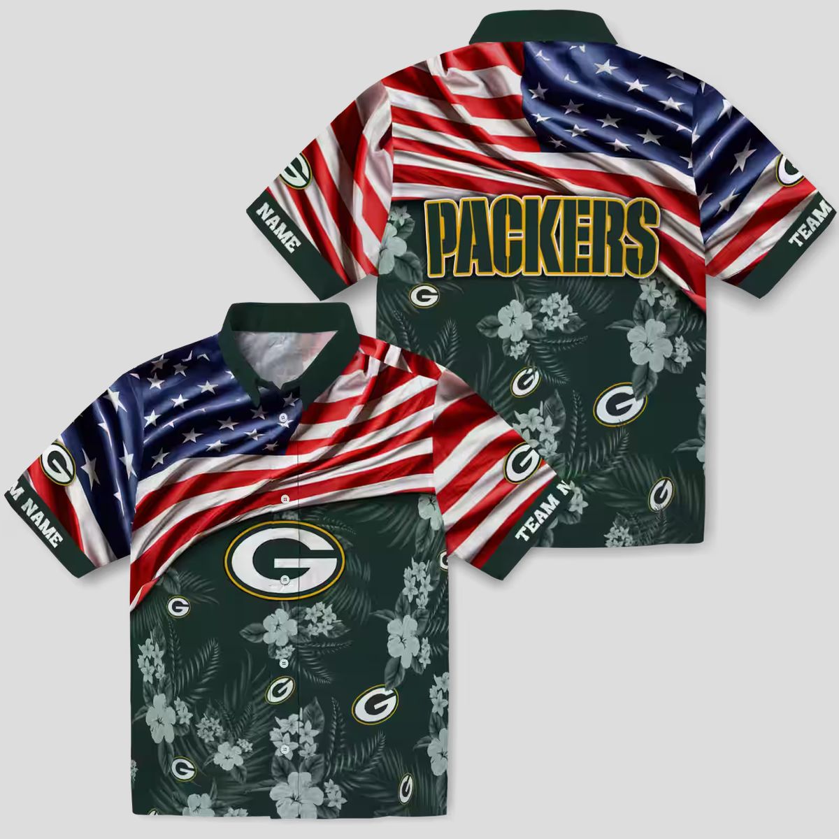 Green Bay Packers Hibiscus US Flag Hawaiian Shirt, Custom NFL Shirt for Vacation