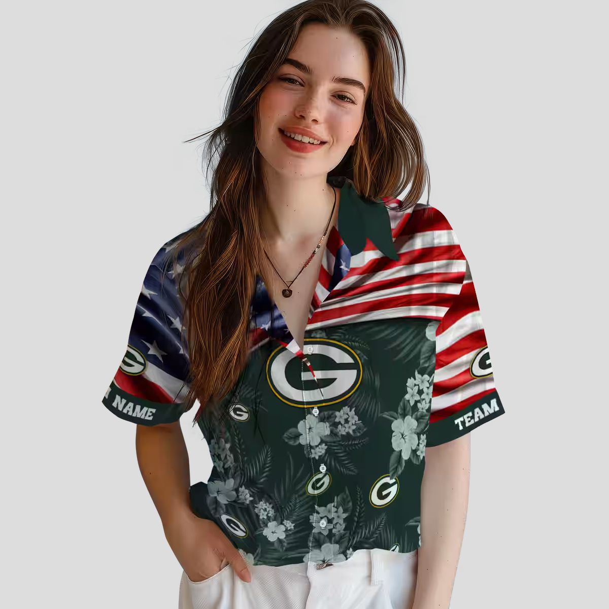 Green Bay Packers Hibiscus US Flag Hawaiian Shirt, Custom NFL Shirt for Vacation