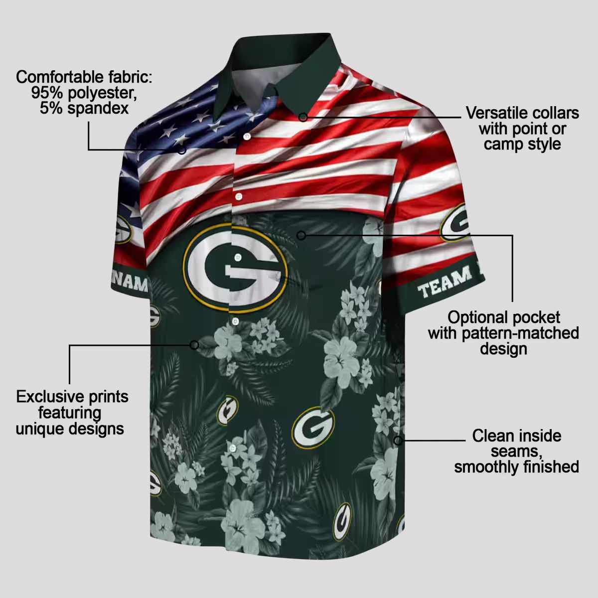 Green Bay Packers Hibiscus US Flag Hawaiian Shirt, Custom NFL Shirt for Vacation