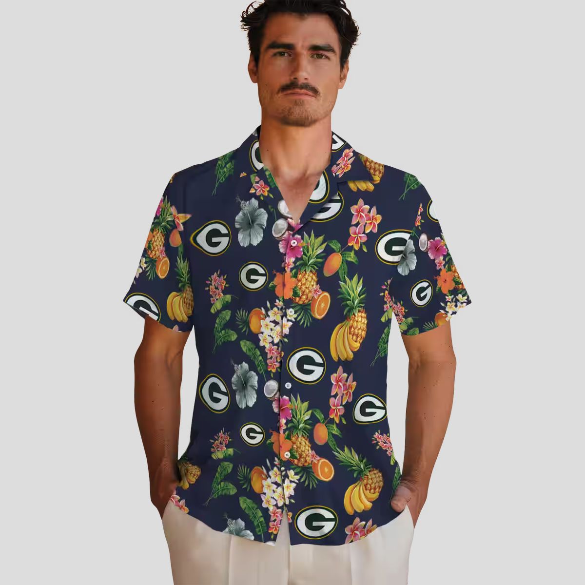 Green Bay Packers Navy Blue Hawaiian Shirt, Hibiscus & Fruit Tropical Shirt for Fans