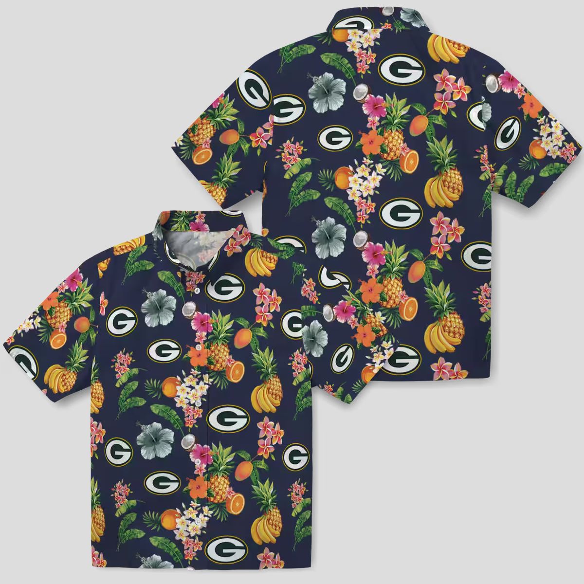 Green Bay Packers Navy Blue Hawaiian Shirt, Hibiscus & Fruit Tropical Shirt for Fans