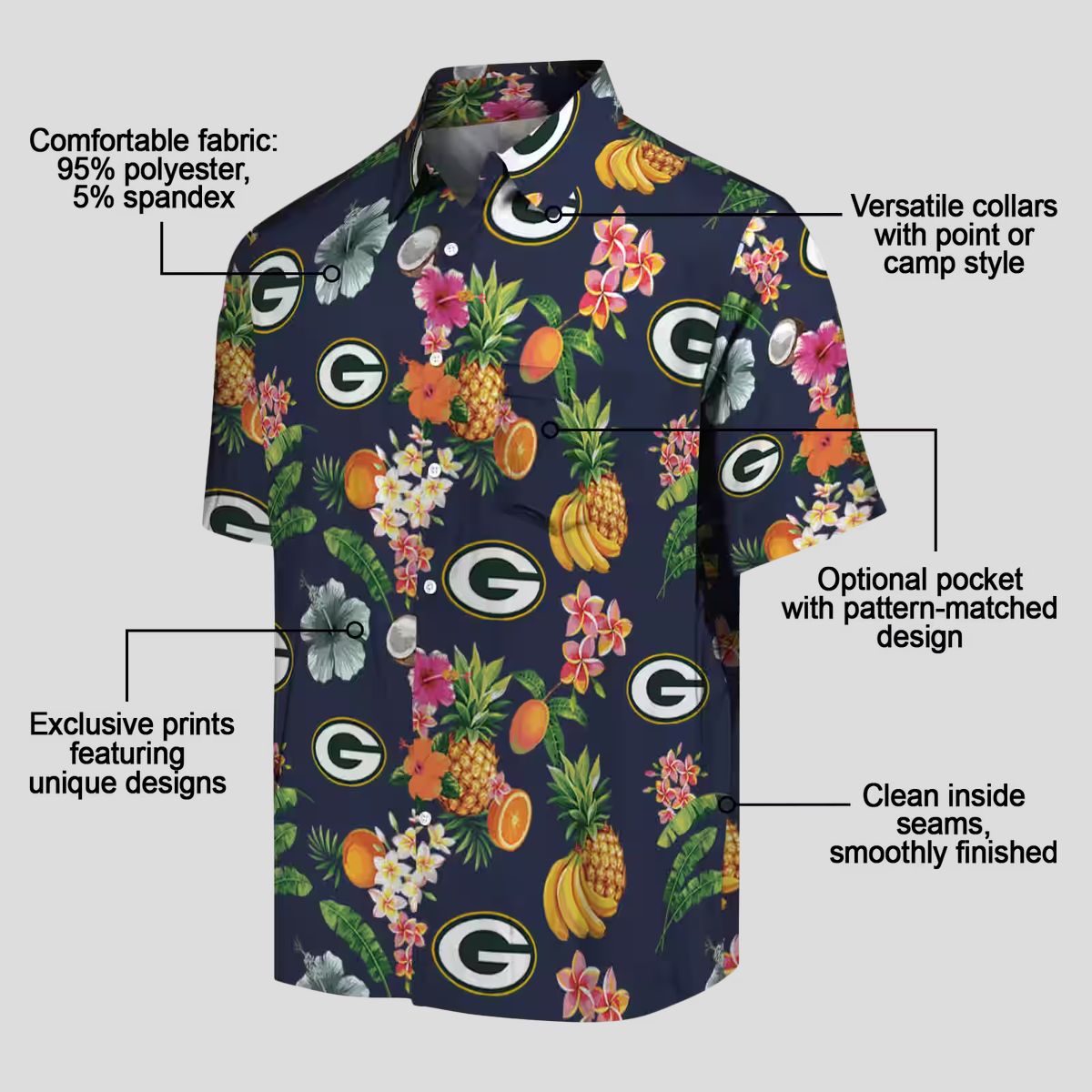 Green Bay Packers Navy Blue Hawaiian Shirt, Hibiscus & Fruit Tropical Shirt for Fans