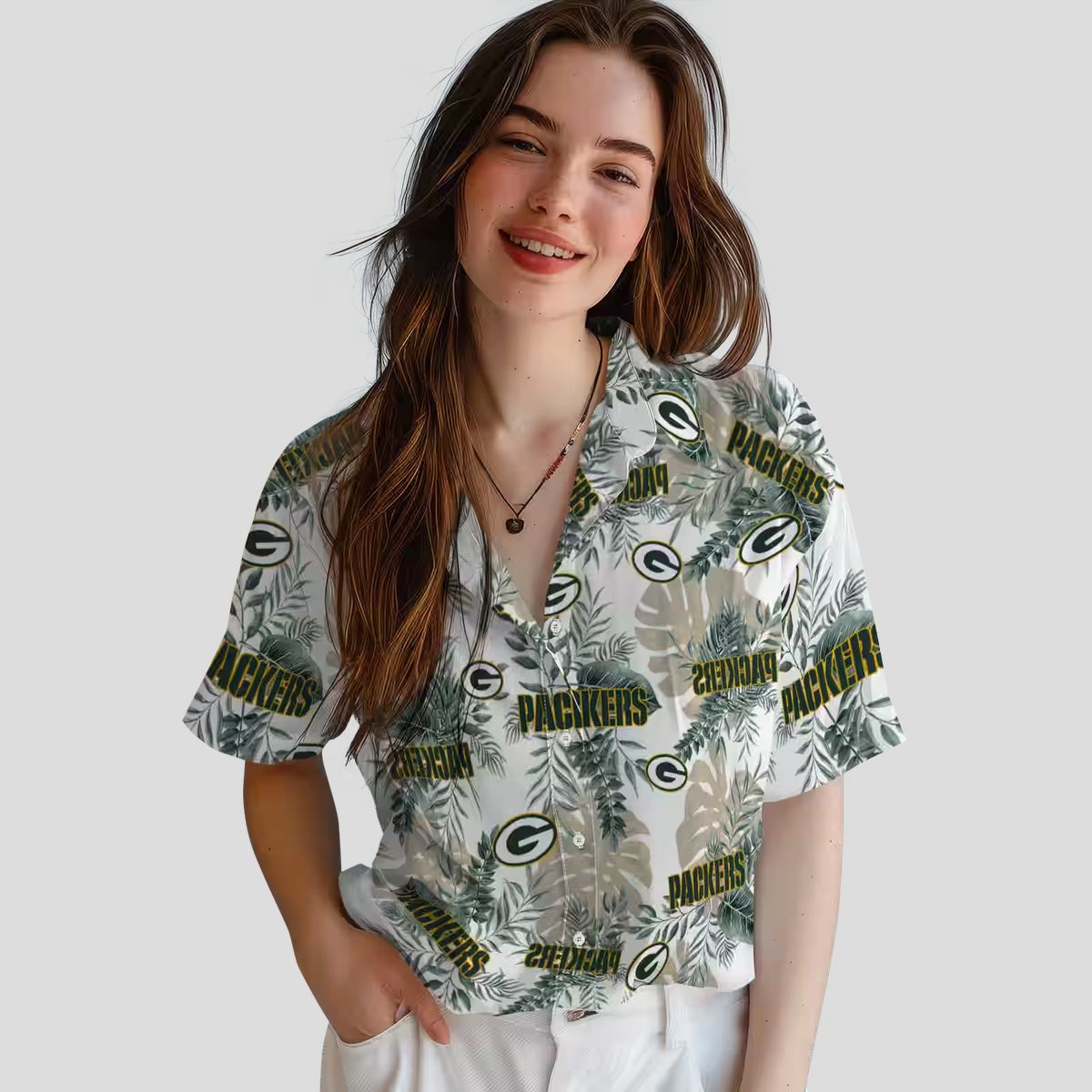 Green Bay Packers White Hawaiian Shirt, Tropical Leaves Aloha Shirt for Summer Vacation