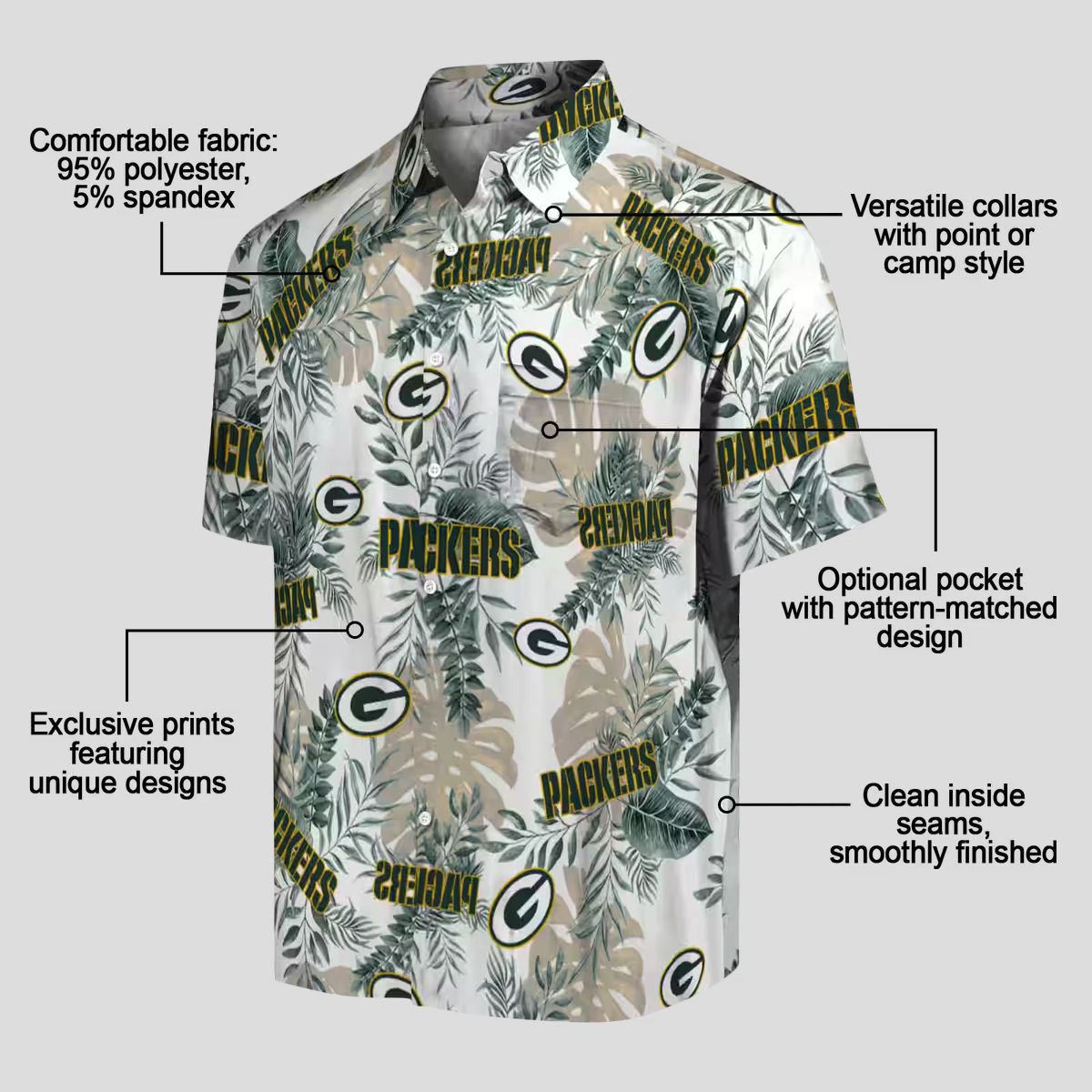 Green Bay Packers White Hawaiian Shirt, Tropical Leaves Aloha Shirt for Summer Vacation