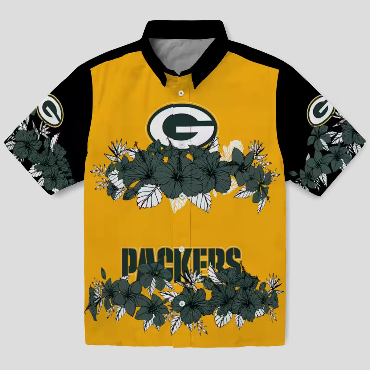 NFL Green Bay Packers Hibiscus Stripe Button Up Shirt, Black & Green Hawaiian Shirt