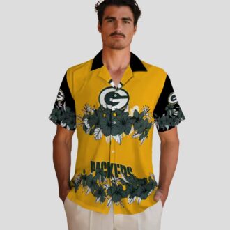 NFL Green Bay Packers Hibiscus Stripe Button Up Shirt, Black & Green Hawaiian Shirt