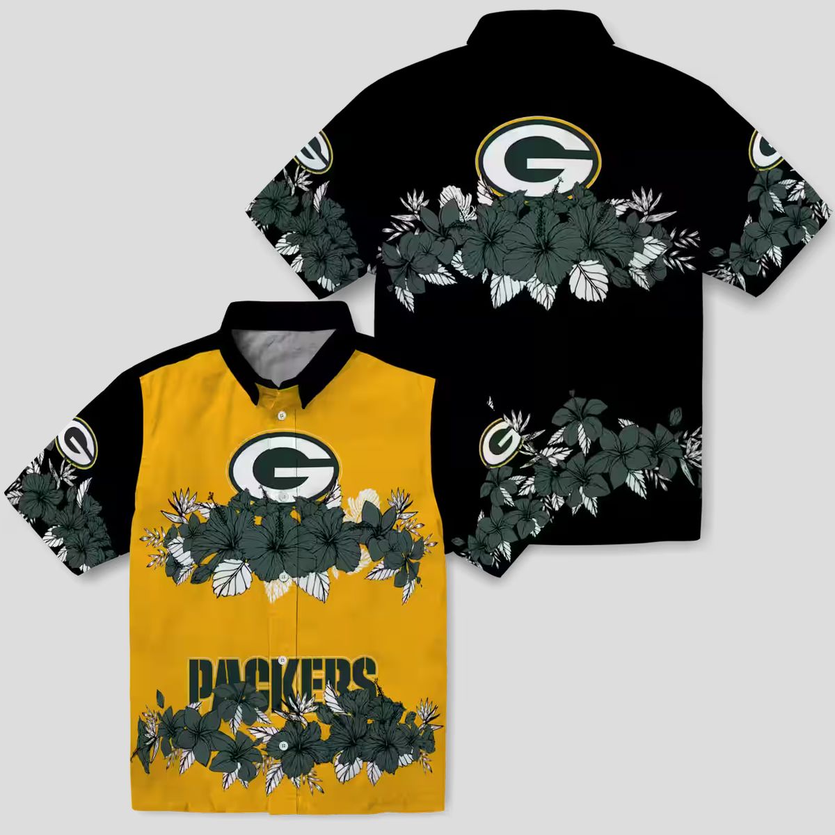 NFL Green Bay Packers Hibiscus Stripe Button Up Shirt, Black & Green Hawaiian Shirt