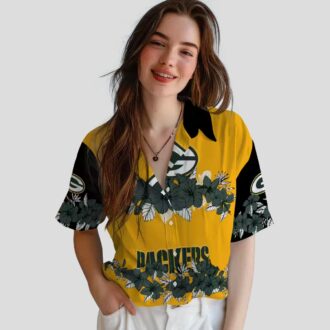 NFL Green Bay Packers Hibiscus Stripe Button Up Shirt, Black & Green Hawaiian Shirt