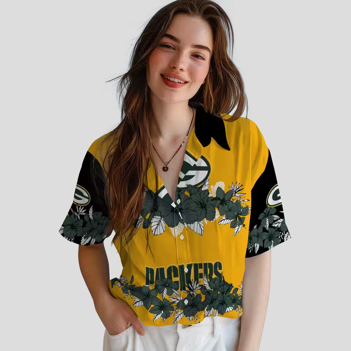 NFL Green Bay Packers Hibiscus Stripe Button Up Shirt, Black & Green Hawaiian Shirt