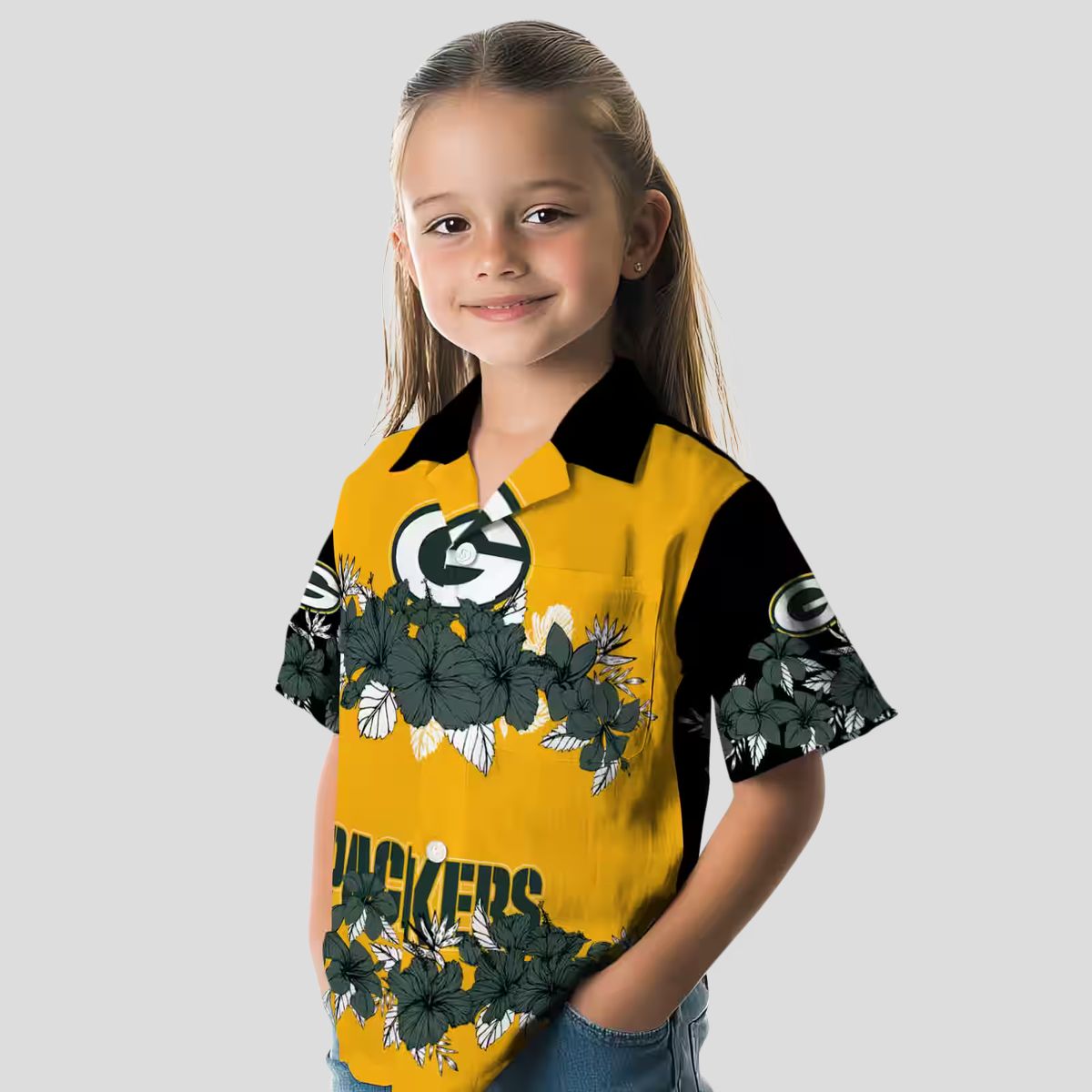 NFL Green Bay Packers Hibiscus Stripe Button Up Shirt, Black & Green Hawaiian Shirt