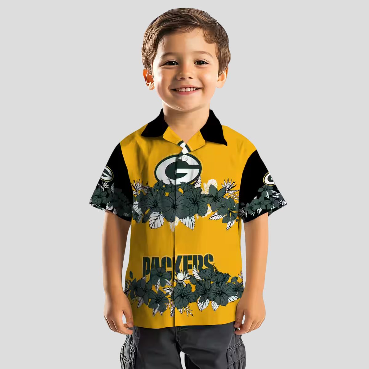 NFL Green Bay Packers Hibiscus Stripe Button Up Shirt, Black & Green Hawaiian Shirt