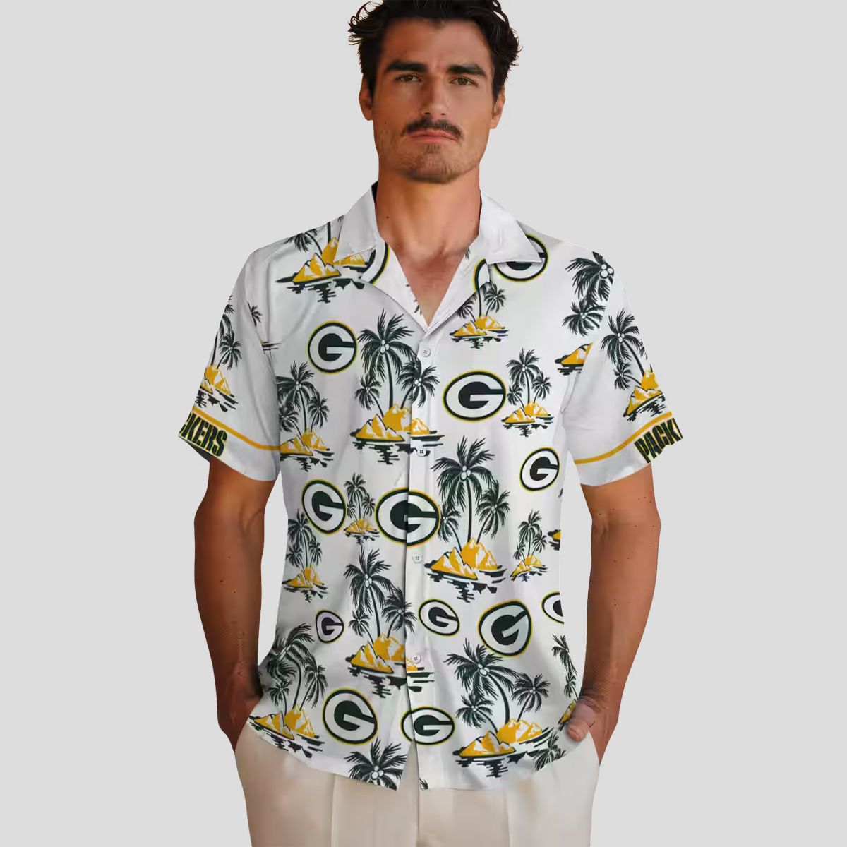 NFL Green Bay Packers Palm Island Hawaiian Shirt - Green & White Tropical Print