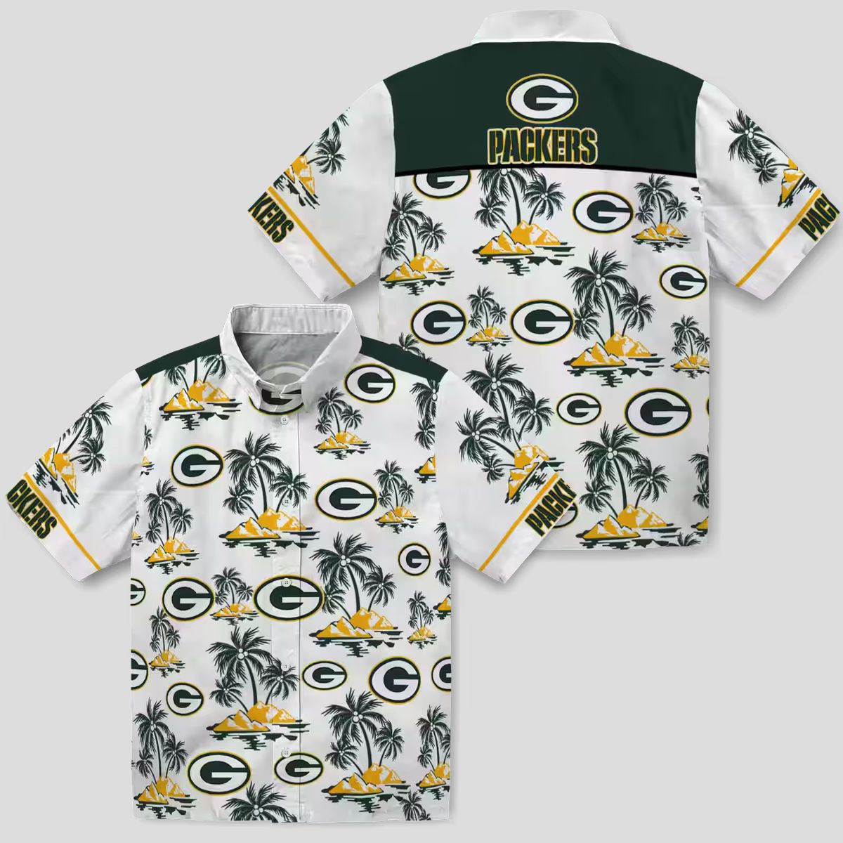 NFL Green Bay Packers Palm Island Hawaiian Shirt - Green & White Tropical Print