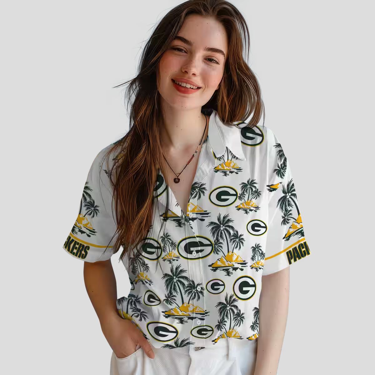 NFL Green Bay Packers Palm Island Hawaiian Shirt - Green & White Tropical Print