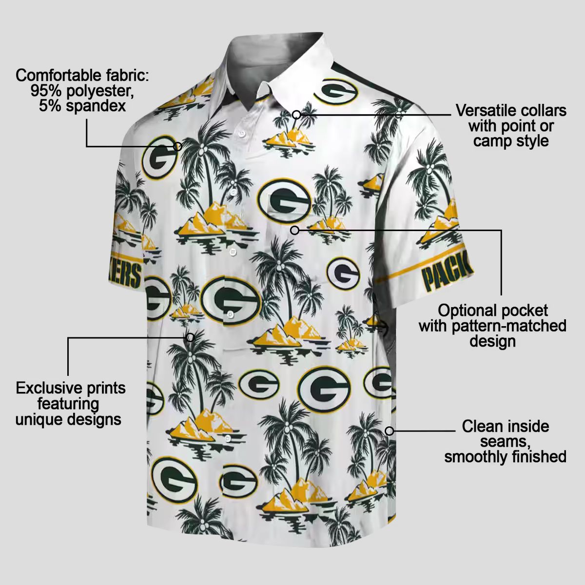 NFL Green Bay Packers Palm Island Hawaiian Shirt - Green & White Tropical Print