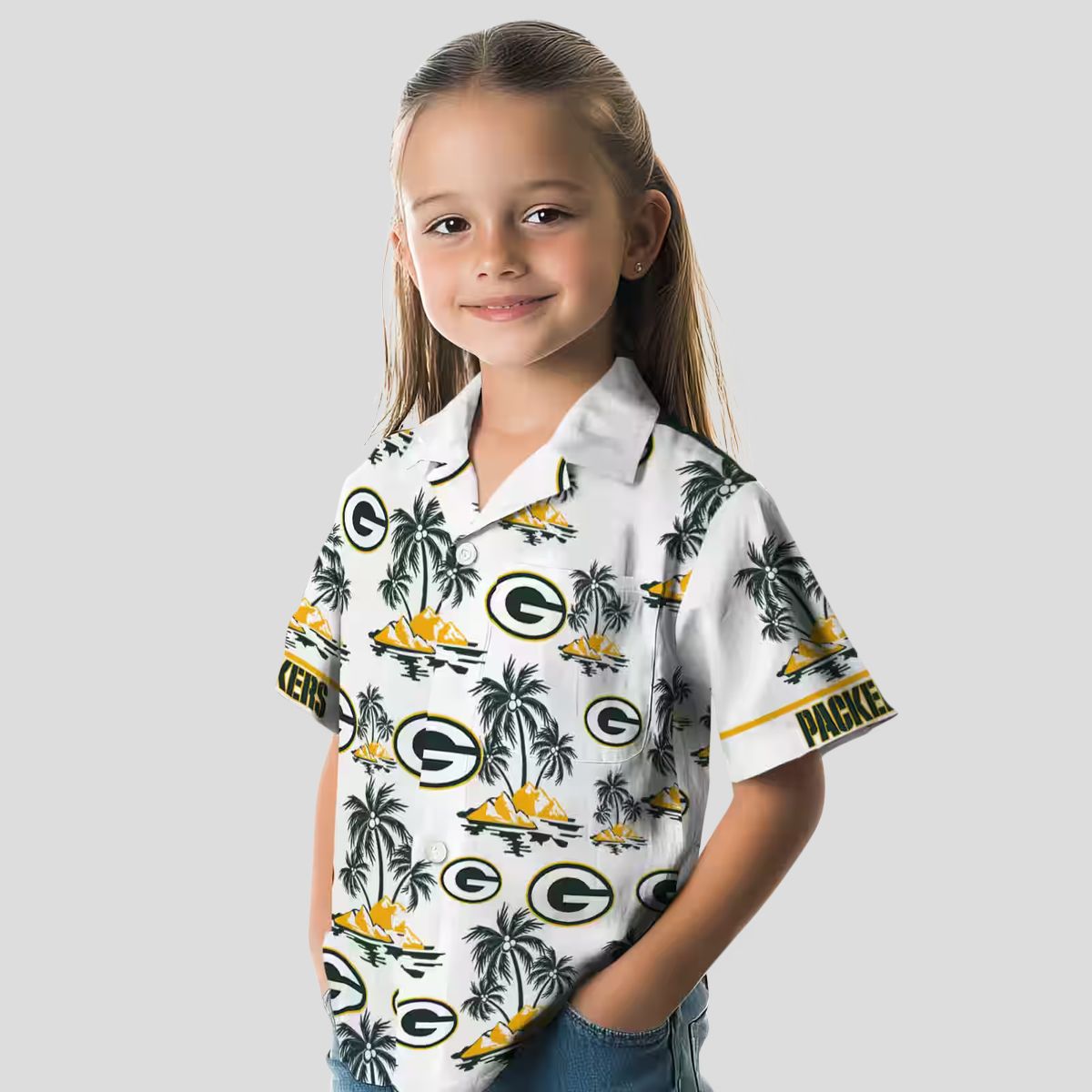 NFL Green Bay Packers Palm Island Hawaiian Shirt - Green & White Tropical Print