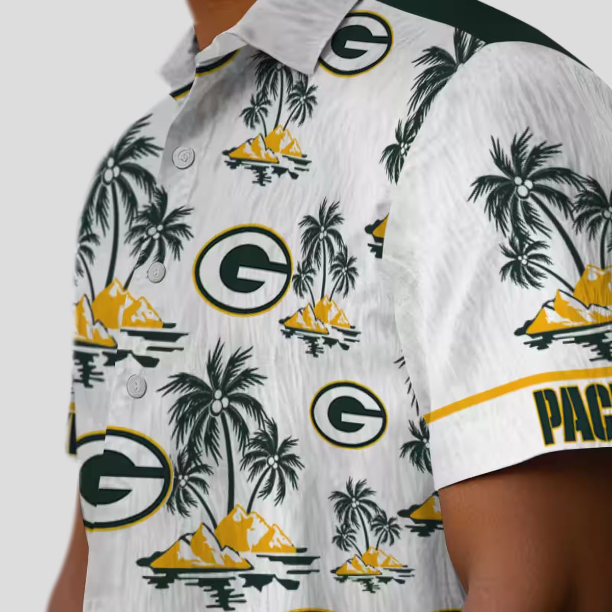 NFL Green Bay Packers Palm Island Hawaiian Shirt - Green & White Tropical Print
