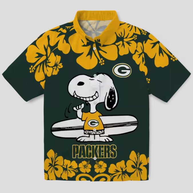 NFL Green Bay Packers Snoopy Hawaiian Shirt, Aloha Surf Shirt Green & White for Summer